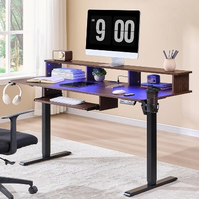 SinCiDo Height Adjustable Electric Standing Desk with Charging Station, 60" Sit Stand Up Computer Home Office Desk with LED Lights