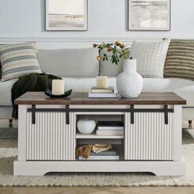 KIGFTSOD Coffee Table with Storage and Sliding Wood Door, Farmhouse Industrial Cocktail Table with Adjustable Shelves for Living Room