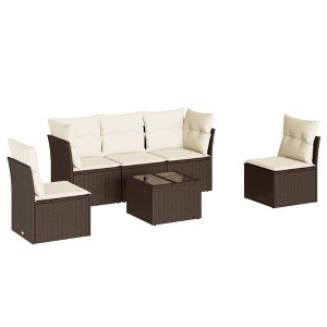 vidaXL 6 Piece Patio Sofa Set with Cushions Brown Poly Rattan - Brown and Cream With Table - 1 of 4