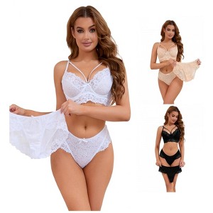 INSPIRE CHIC Women's 3 Sets Cross Straps Full Coverage Bralette and Panty Mesh Floral Lace Underwear Set - 1 of 3