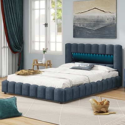 Queen Size Upholstered Platform Bed With Led Headboard, Usb And ...
