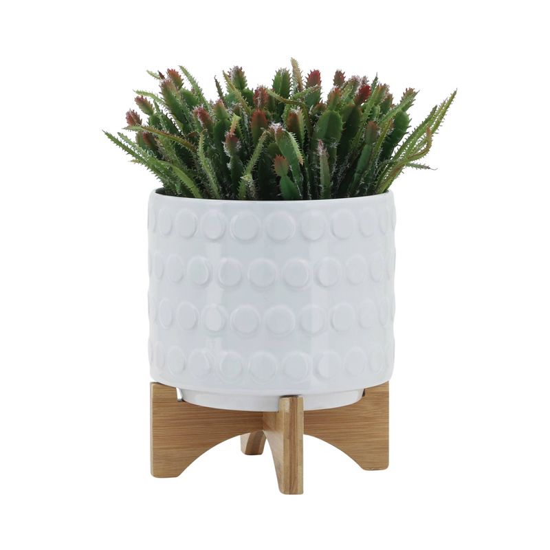 Sagebrook Home 5" Wide Circle Pattern Round Ceramic Planter Pot with Wood Stand, 4 of 9