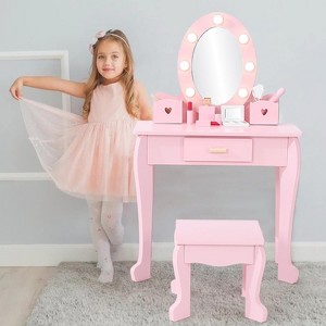 Kids' Vanity Set with Mirror and Light, Makeup Mirror with Light, Vanity Chair, Makeup Table and Stool, Wood Makeup Playset for Girls Ages 4-9 - 1 of 4
