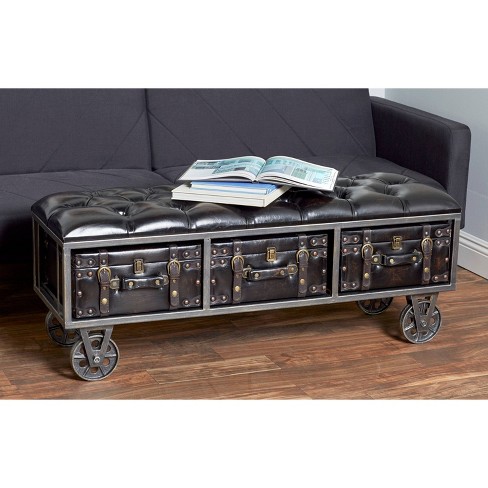 Industrial Wood And Faux Leather Storage Bench On Wheels Black - Olivia &  May : Target