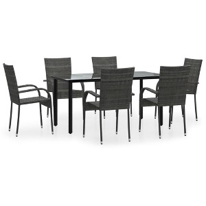 vidaXL Modern 7 Piece Outdoor Dining Set - Gray Poly Rattan Patio Set with Powder-Coated Steel Frame and Tempered Glass Tabletop - 1 of 4