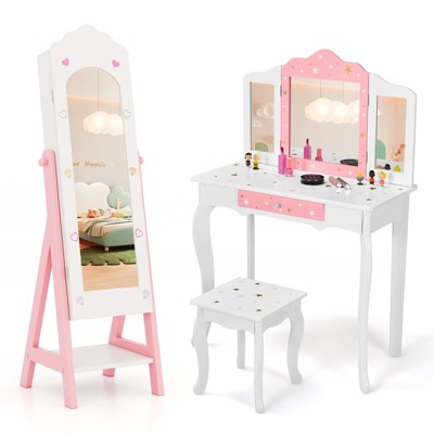 Infans Kids Vanity Set Princess Makeup Dressing Table and Chair Set w/ Jewelry Armoire