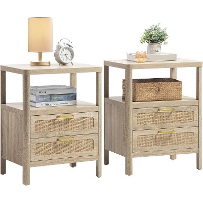 Set of 2 Mid-Century Rattan Nightstands - Narrow Bedside Tables w/ Drawer & Shelf for Bedroom/Living Room