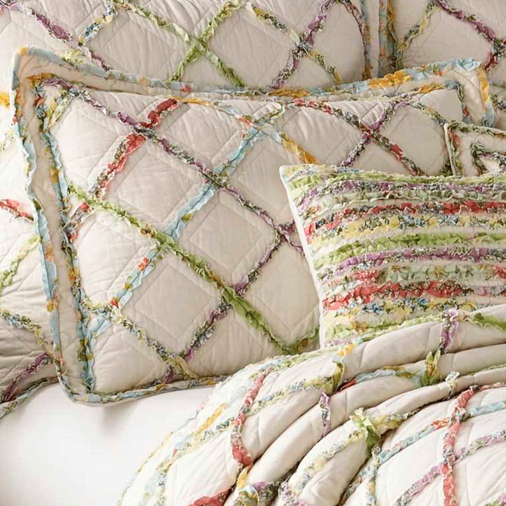 White Fringe Sham (Standard) - Laura Ashley: Cotton Diamond Pattern, Machine Washable, No Fill Pillow Cover