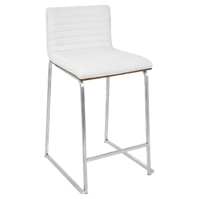 Elegant 26" Mara Modern Counter Stool in White Faux Leather and Walnut