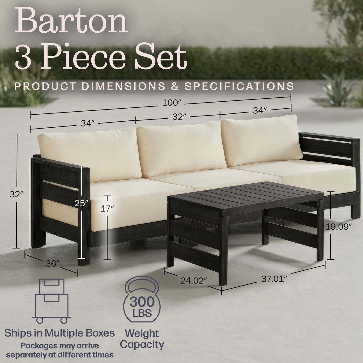 Alaterre Furniture Barton Outdoor Patio Furniture Set with Sofa and Coffee Table - Weather-Resistant Eucalyptus Wood Patio Furniture Set (Black) - thumbnail 3