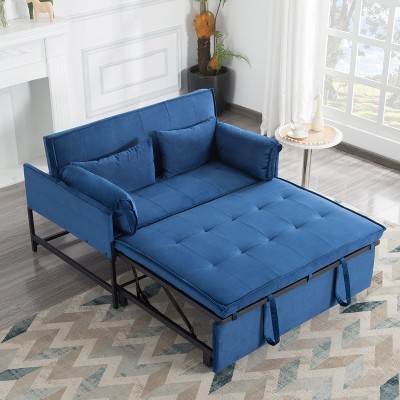DOMETOUR 46 Inch Pull-out Sleeper Upholstered Sofa Bed with Two Pillows, Convertible Sofa Bed Velvet Loveseat for Living Room Bedroom