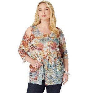 Roaman's Printed 2 Piece Tank And Cardigan Set - 1 of 4