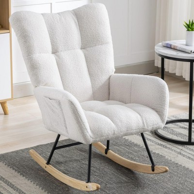NicBex Teddy Nursery Rocking Chair with Pocket,Upholstered Glider Accent Chair for Living Room,Bedroom,Balcony,White