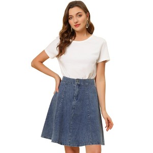 INSPIRE CHIC Women's High Waist A-Line Flared Pleated Above Knee Denim Skirt - 1 of 4