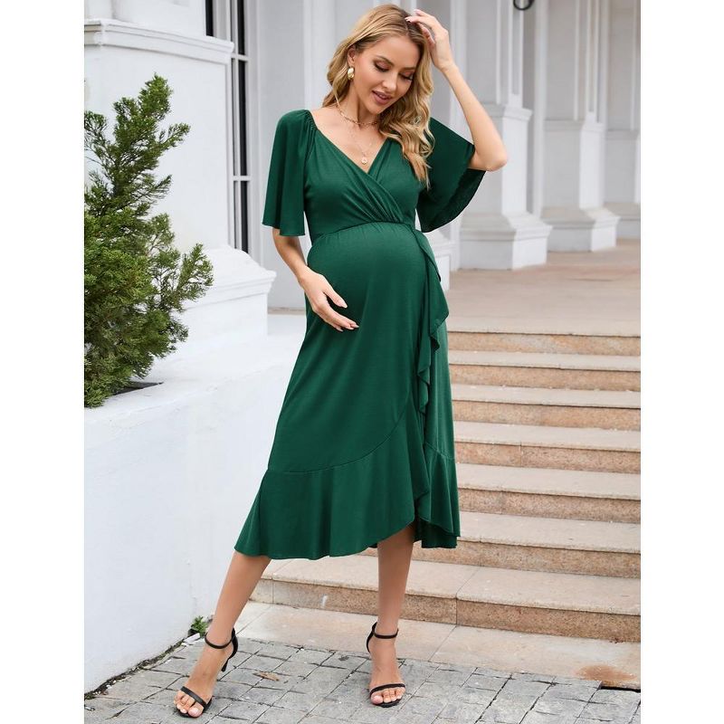 Maternity Dress V Neck Summer Wrap Ruffle Sleeve Pregnancy Midi Dresses Photoshoot, 3 of 8