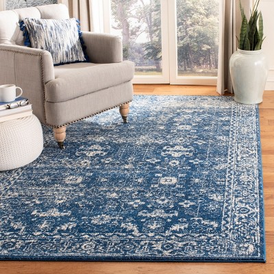 Navy and Ivory High Pile Synthetic Rectangular Rug