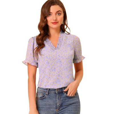 INSPIRE CHIC Women's Bell Sleeve V-neck Floral Ruffled Blouse