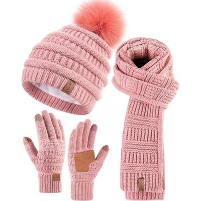 SENPUKI Womens Winter Beanie Scarf Gloves Set, Pom Pom Hat with Warm Fleece Lined Long Knit Scarf Touchscreen Gloves for Cold Weather