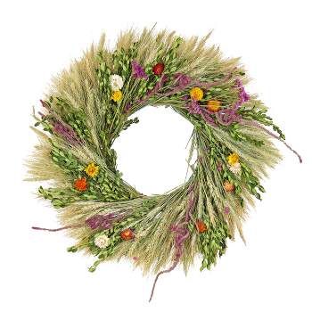 National Tree Company Artificial Spring Wreath, Metal Ring Base, Decorated with Flower Blooms, Seed Pods, Wheat Stalks, Spring Collection, 22 Inches
