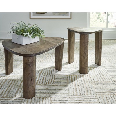 Grayish Brown Mango Wood Triangular Coffee Table Set