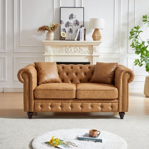 XIYUYEU 63.5" Chesterfield Sofa with Rolled Arms, Brown Vintage Couches for Living Room, Upholstered Loveseat Sofa with Button Design and 2 Cushions - 1 of 4