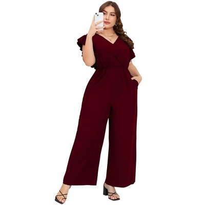 Plus Size Women's High Waist Wide Leg Jumpsuit Double-Layer Flutter Sleeves for Casual or Office Wear