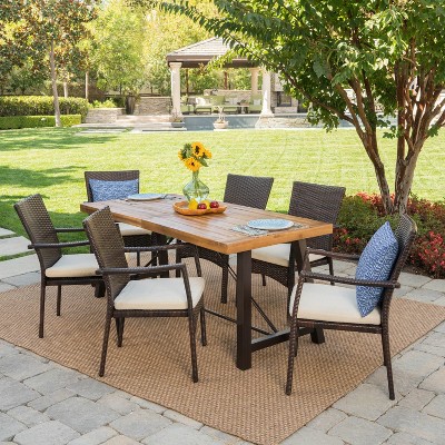 GDFStudio Malic Outdoor Acacia Wood and Wicker 7 Piece Dining Set with Cushion, Cream/Teak