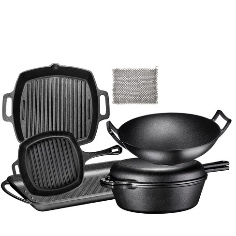 Bruntmor 7-Piece Black Pre-Seasoned Cast Iron Kitchen Utensil Set | Pots,  Pans, Skillets, Grill, Wok, Chainmail, Dutch Oven & More