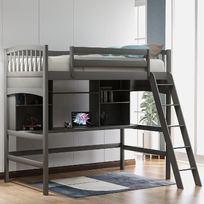 Twin Size Loft Bed With Storage Shelves, Desk And Ladder, Gray ...