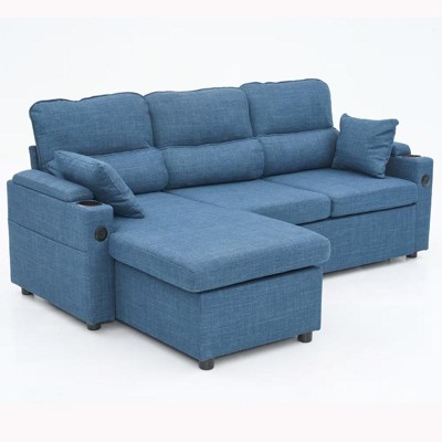Aukfa Convertible Pull Out Sofa Bed, L-Shaped Sectional Sofa with USB Ports/Cup Holders/Storage Chaise for Living Room/Bedroom