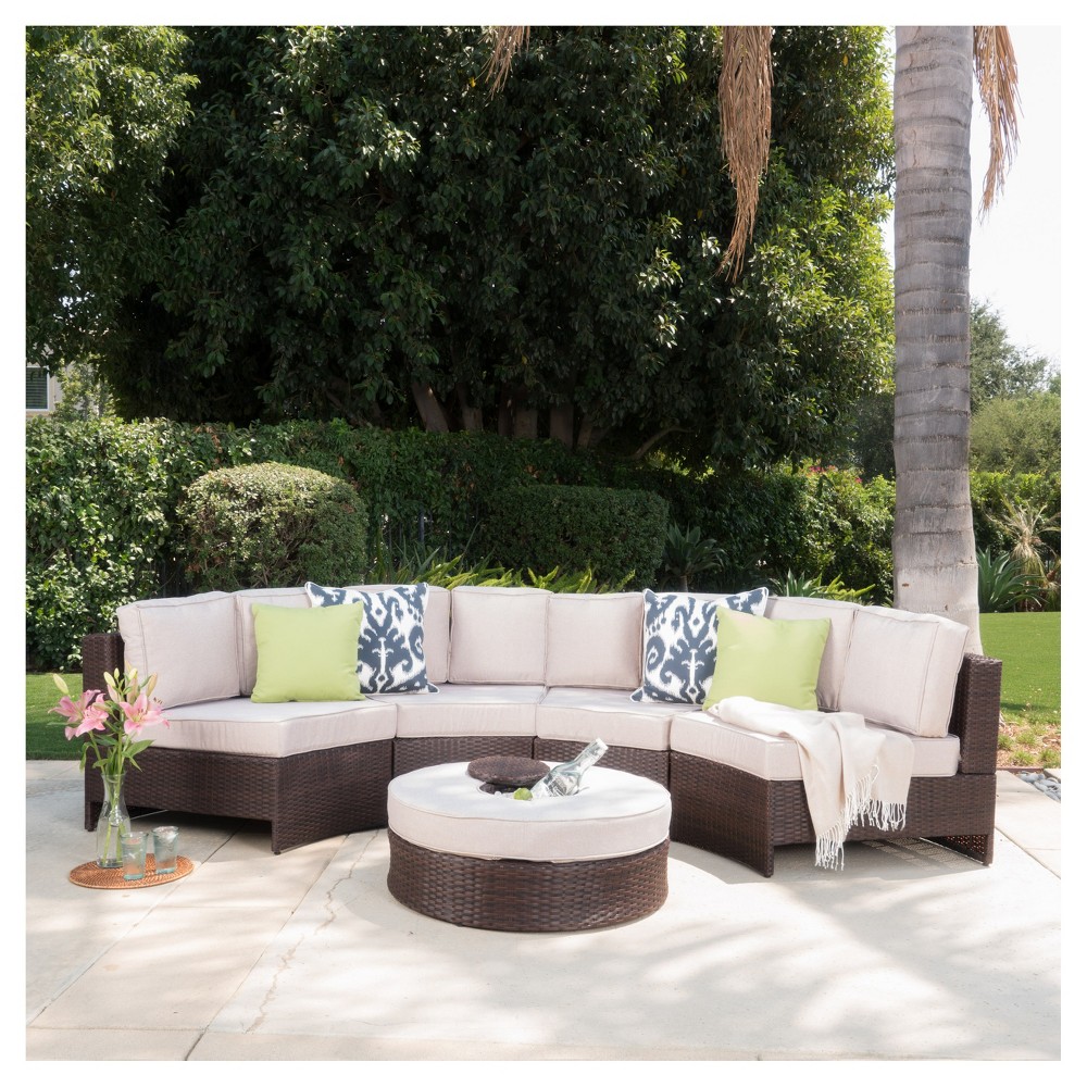 Madras Saint Luca 5pc Wicker 1/2 Round Seating Set With Ice Bucket Ottoman - Brown/Beige - Christopher Knight Home