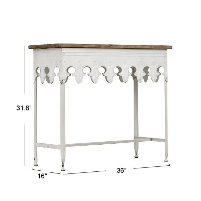 Distressed White Metal Console Table with Wood Top