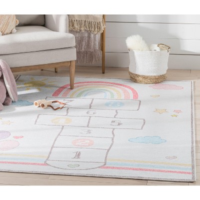 Kids Rainbow Hopscotch Playmat Rug 5' x 7' Synthetic