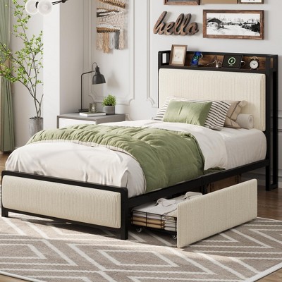 Twin Size Bed Frame with 2 Storage Drawers and Charging Station