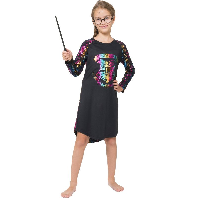 Harry Potter Girls Hogwarts Rainbow Hologram Raglan Nightgown Pajama Black, 1 of 4