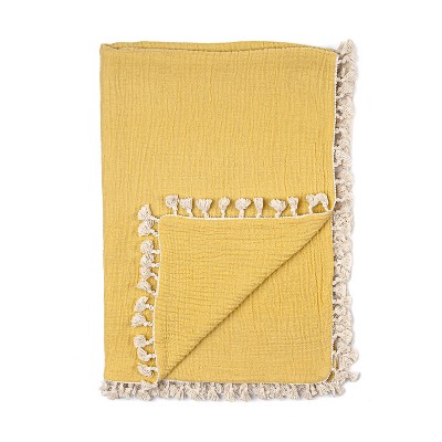 Crane Baby 6-Layer Muslin Baby Blanket with Tassel Edge - Ochre