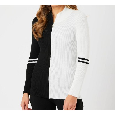 Women's Two Tone Ribbed Zip Up Cardigan - Angel Apparel