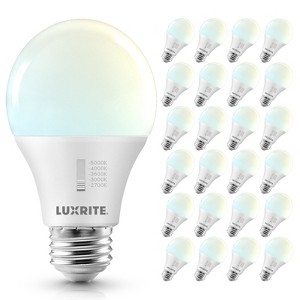 Luxrite A19 LED Light Bulb 60 Watt Equivalent, CRI90, 5CCT Selectable, Dimmable, 800LM, 9W, Title CA20, ETL Listed, E26 Medium Base 24 Pack - 1 of 4