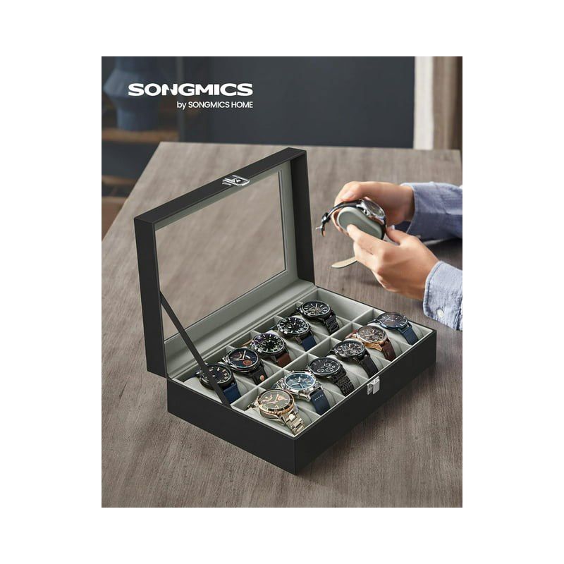 SONGMICS 12-Slot Watch Box Display Case Watch Holder for Men and Women Organizer Jewelry Collection Storage Gray Lining, 2 of 5