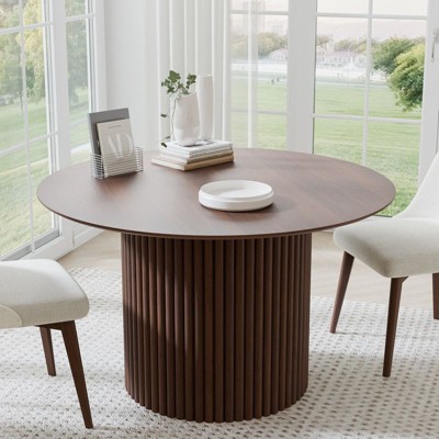 PexFix 46 inch Wood Round Dining Table Circle Kitchen Table with Wood Strip Base Modern Farmhouse Dinner Tables for Kitchen Living Room Walnut