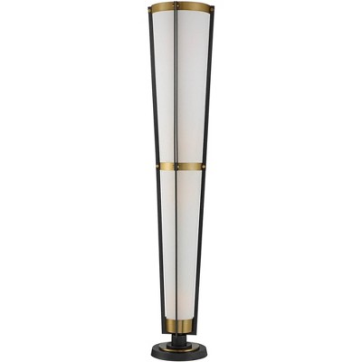 Possini Euro Design Mid Century Modern Torchiere Lamp 4-Light Antique Brass Off White Linen Cone Shade Living Room Office Uplight