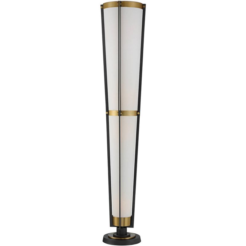 Possini Euro Design Mid Century Modern Torchiere Lamp 4-Light 68" Tall Antique Brass Off White Linen Cone Shade Living Room Office Uplight, 1 of 8