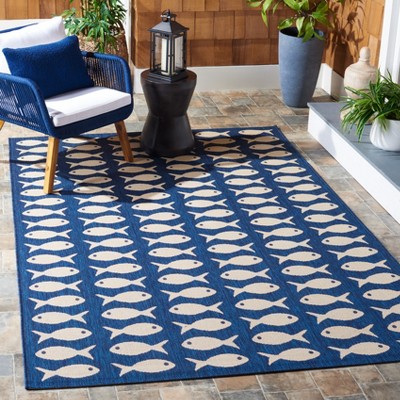 Navy and Beige Fish Pattern Indoor/Outdoor Rug 2'7" x 5'