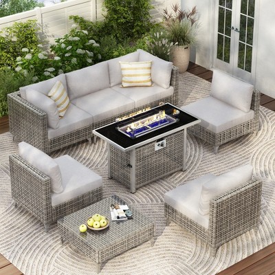 Whisen 8-Piece Patio Furniture Set with 43" Fire Pit Table, Outdoor Conversation Set & Propane Fire Pit