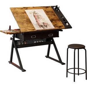 Height Adjustable Drafting Table, 0-75° Tilted Tabletop Art Table for Adults, Artist Desk with 2 Storage Drawers and Stool - 1 of 4