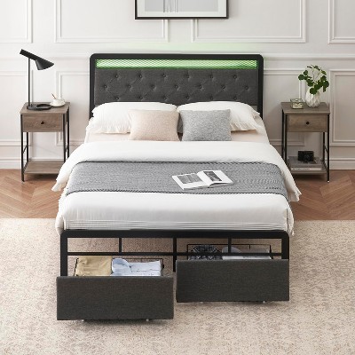 Bed Frame with LED Lights,Metal Platform Bed Frame with 2 Storage Drawers,Upholstered Bed Frame with Button Tufted Headboard