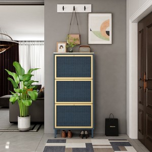 ORRD Modern 3-Tier Metal Shoe Rack, Freestanding Storage Cabinet with Rattan Door, Waterproof Melamine Top, Anti-Tip Design for Entryway - 1 of 4