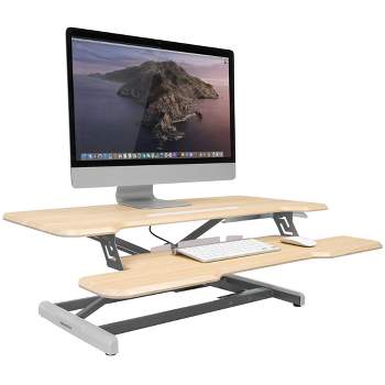 Mount-It! Height Adjustable Stand Up Desk Converter | 38 Wide Tabletop Standing Riser with Gas Spring & Keyboard Tray Fits Two Monitors | Light Maple