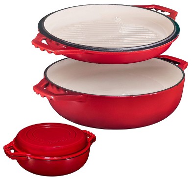 Bruntmor 2-in-1 Gray Enameled Cast Iron Cocotte Double Braiser Pan with  Grill Lid, 3.3 Quarts