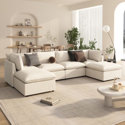 Large U-Shaped Sofa with 2 Chaises, Detachable Ottomans, Convertible L-Shape, Stylish for Living Room.